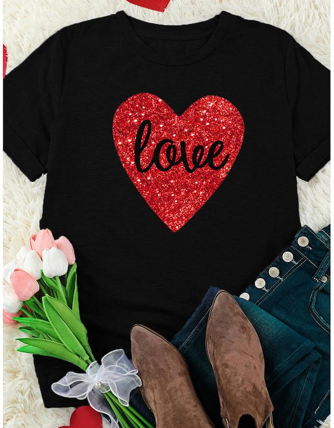 Black Love Heart Shaped Glitter Print T Shirt
