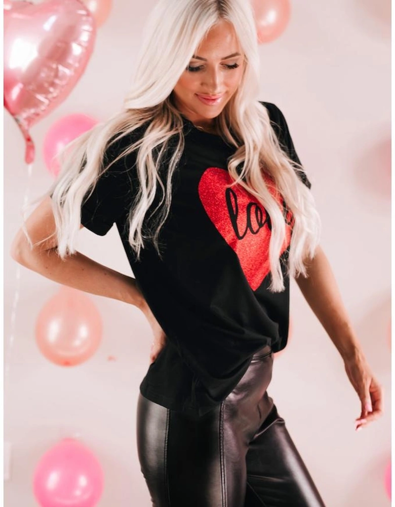 Black Love Heart Shaped Glitter Print T Shirt