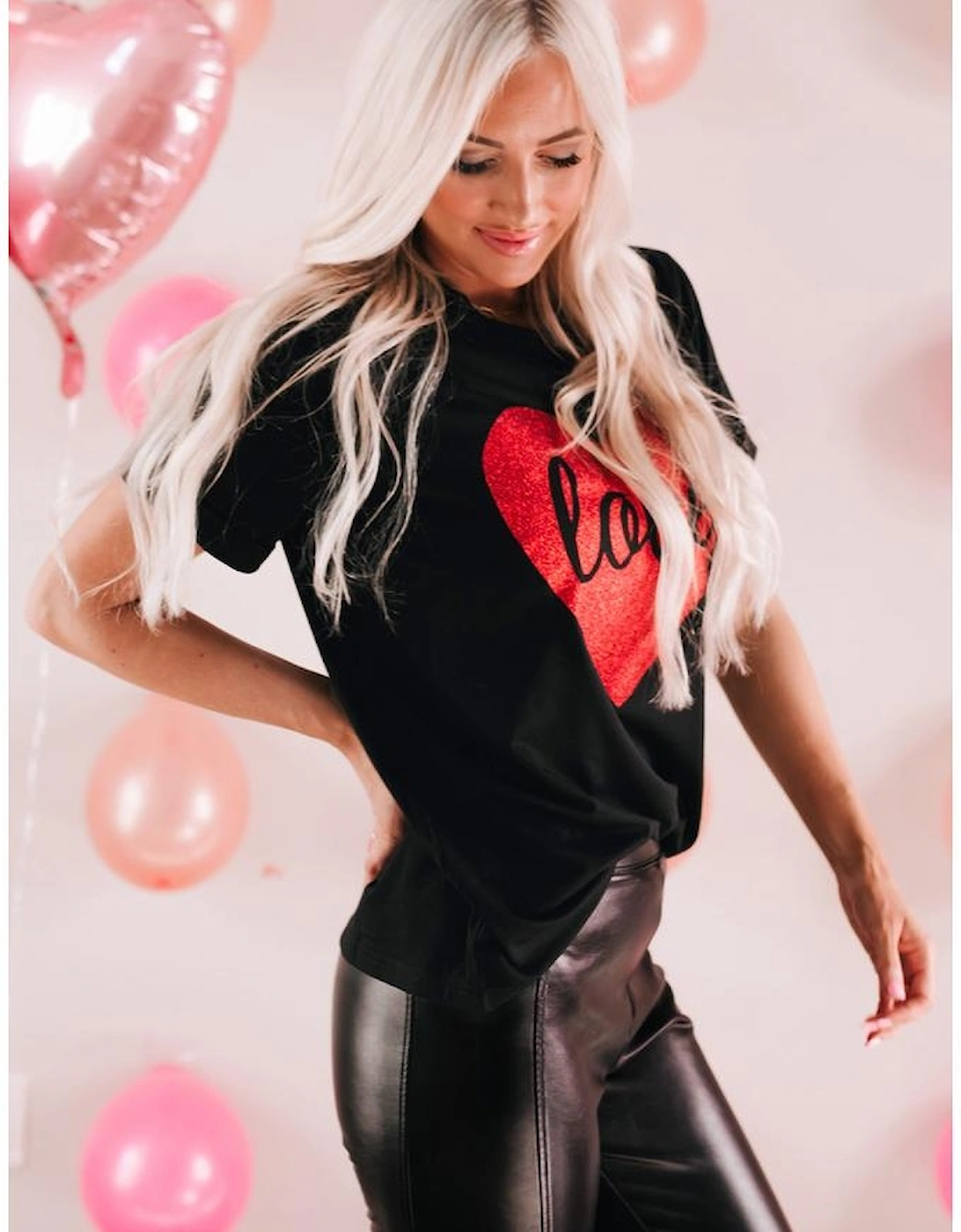 Black Love Heart Shaped Glitter Print T Shirt
