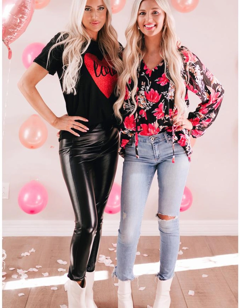 Black Love Heart Shaped Glitter Print T Shirt