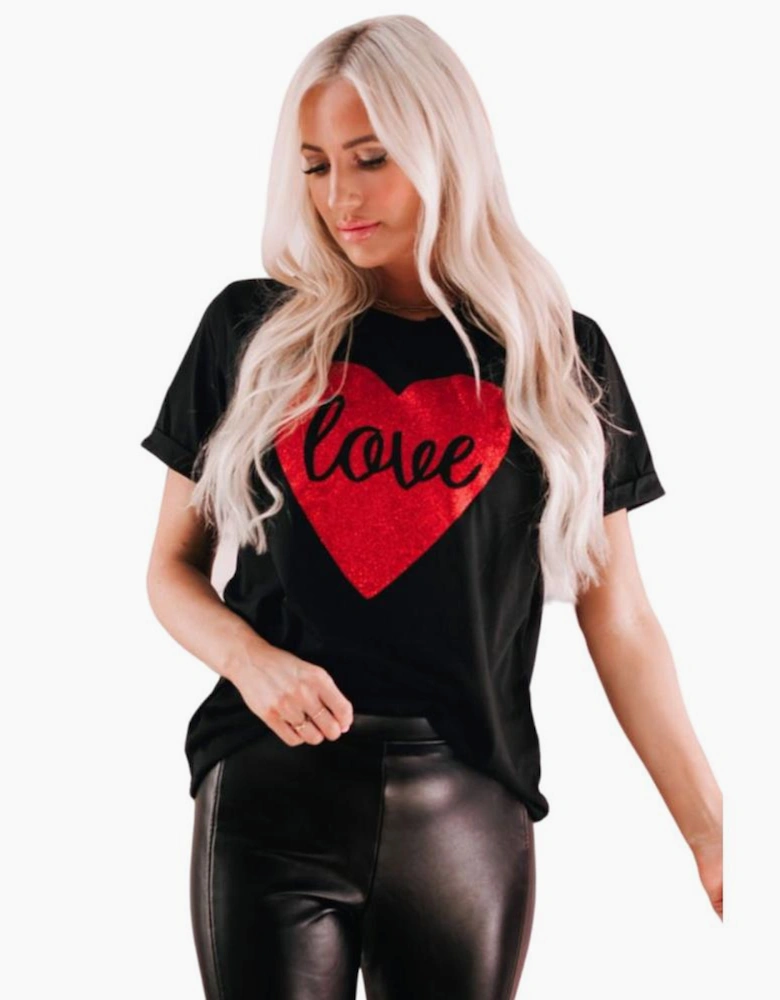 Black Love Heart Shaped Glitter Print T Shirt