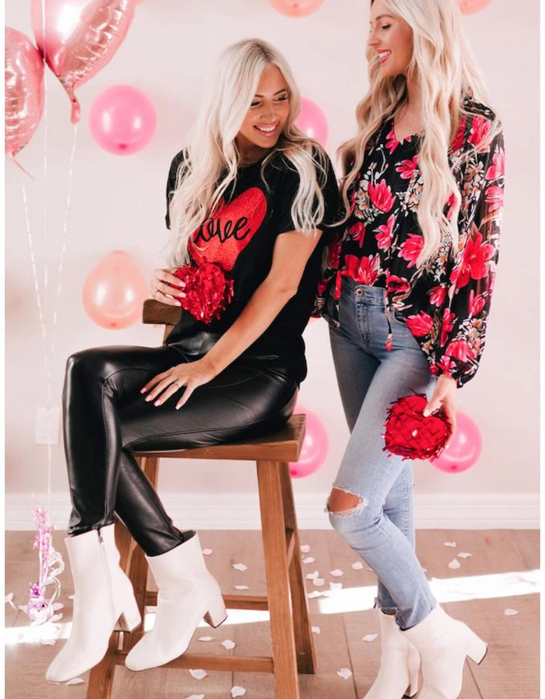 Black Love Heart Shaped Glitter Print T Shirt