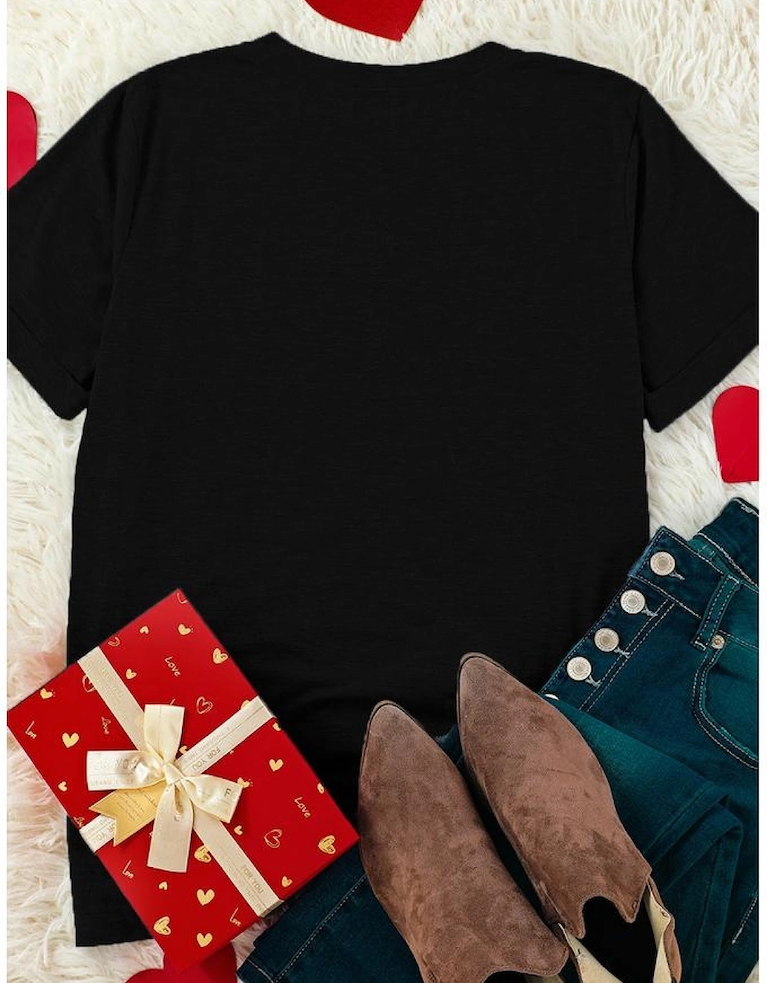 Black Love Heart Shaped Glitter Print T Shirt
