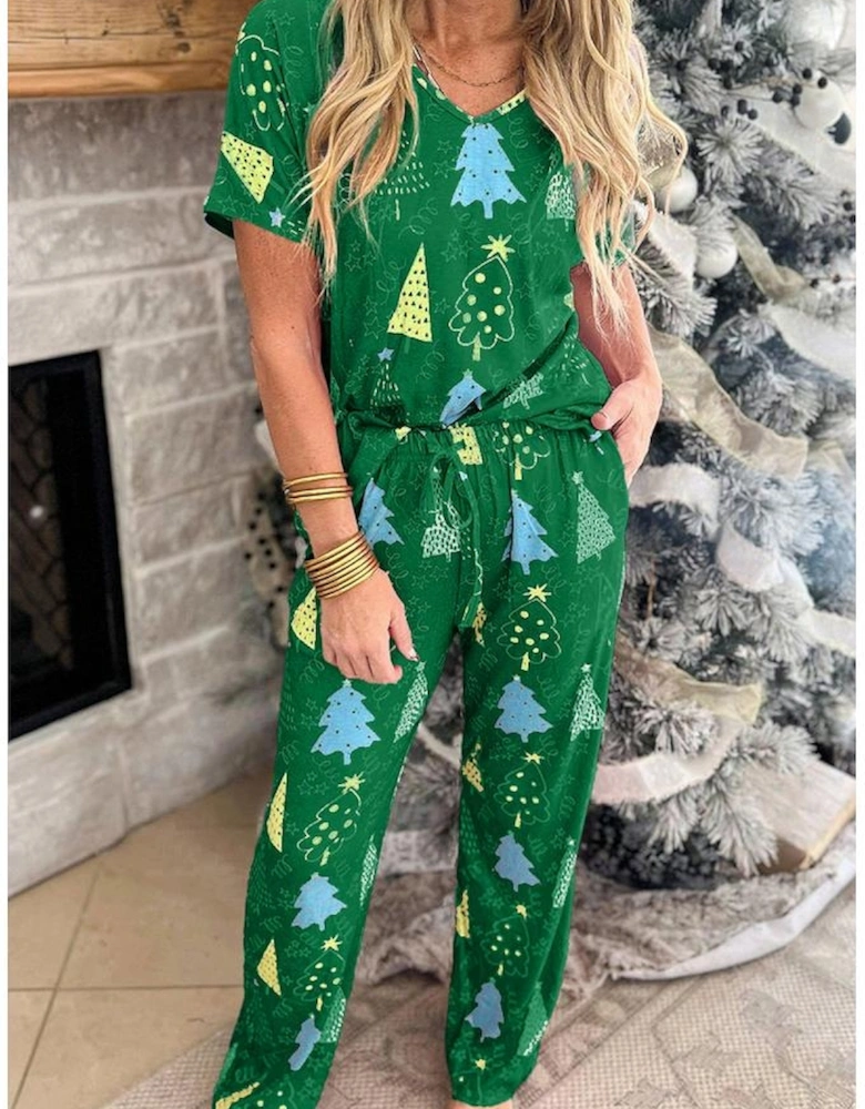 Green Christmas Tree Print V Neck Tee and Pants Lounge Set