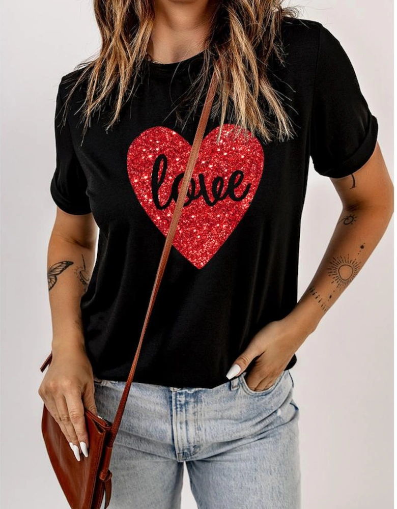 Black Love Heart Shaped Glitter Print T Shirt