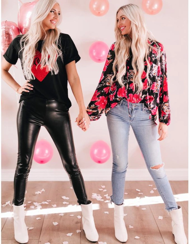 Black Love Heart Shaped Glitter Print T Shirt