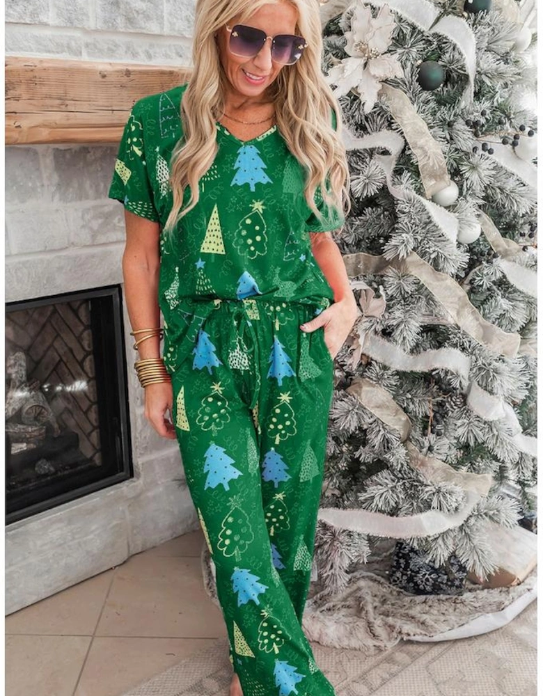 Green Christmas Tree Print V Neck Tee and Pants Lounge Set