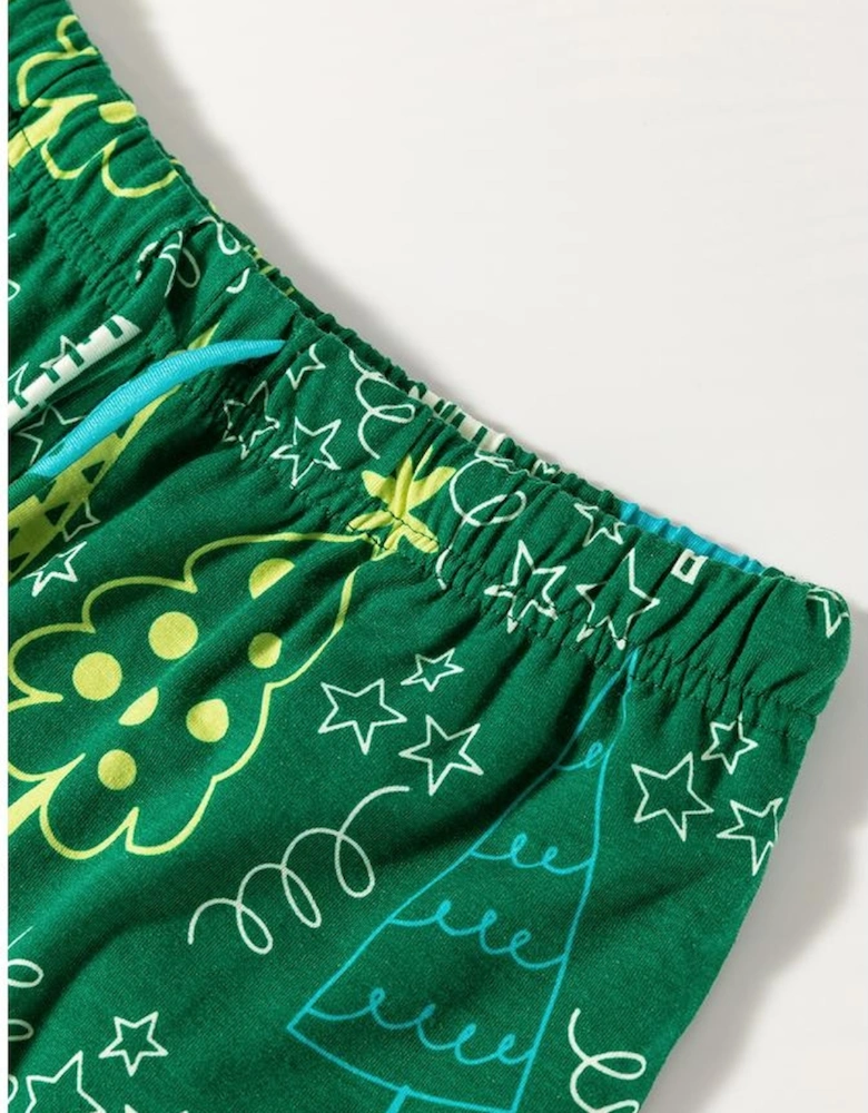 Green Christmas Tree Print V Neck Tee and Pants Lounge Set