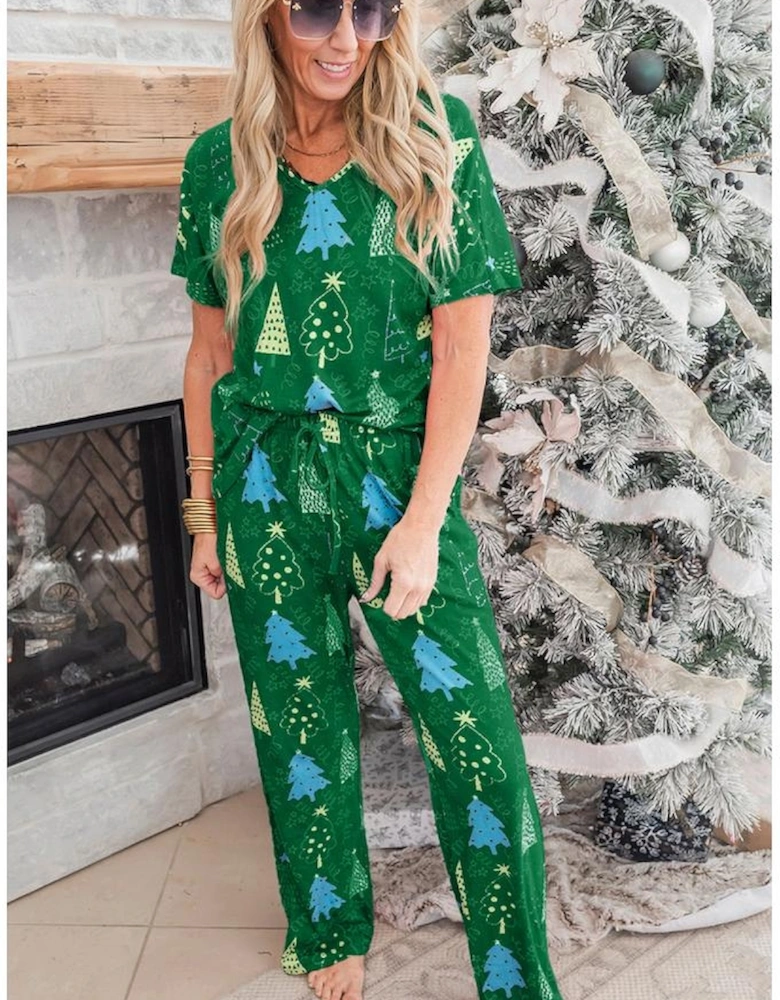 Green Christmas Tree Print V Neck Tee and Pants Lounge Set