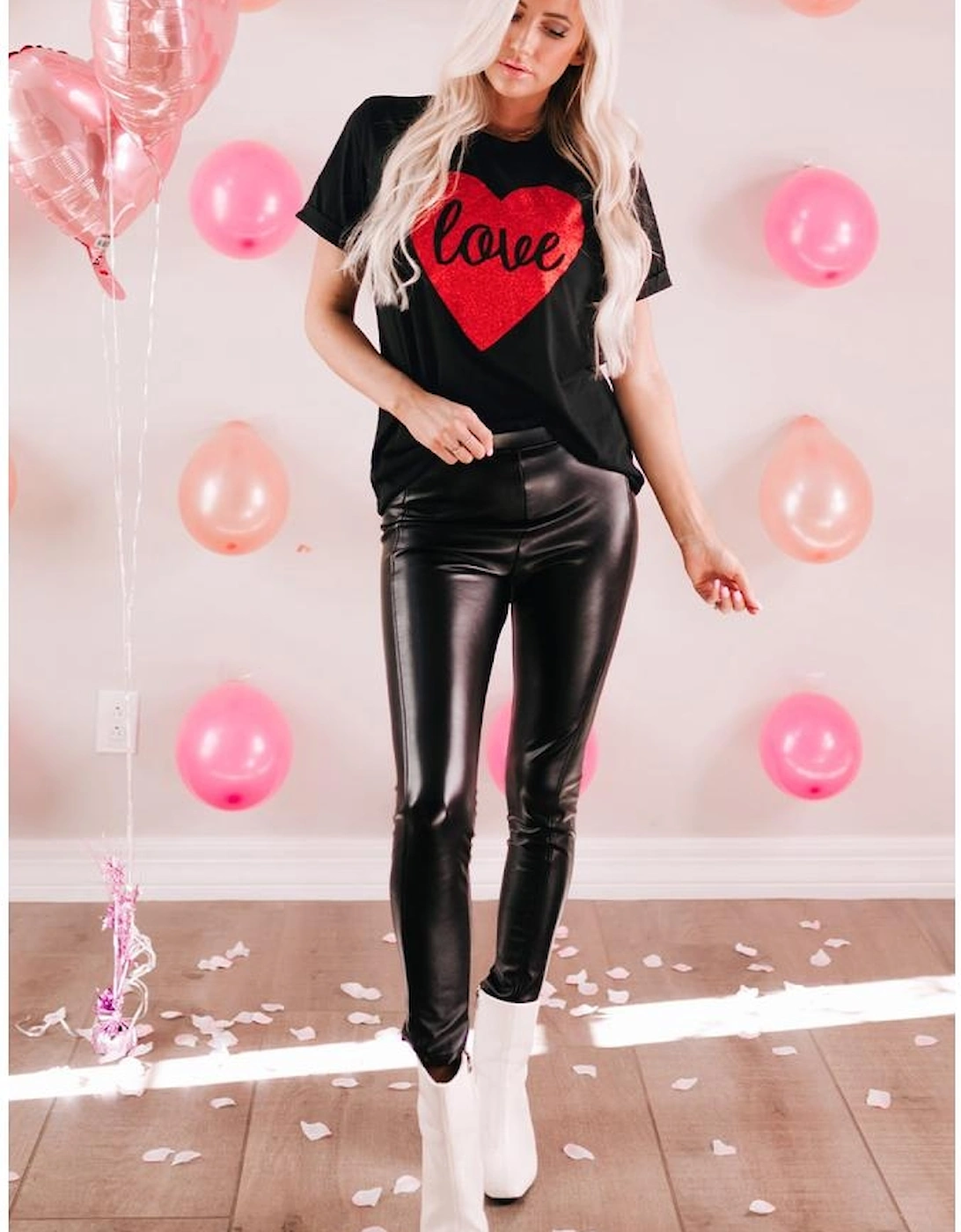 Black Love Heart Shaped Glitter Print T Shirt