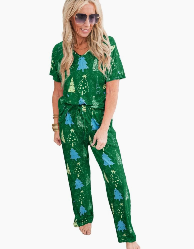 Green Christmas Tree Print V Neck Tee and Pants Lounge Set