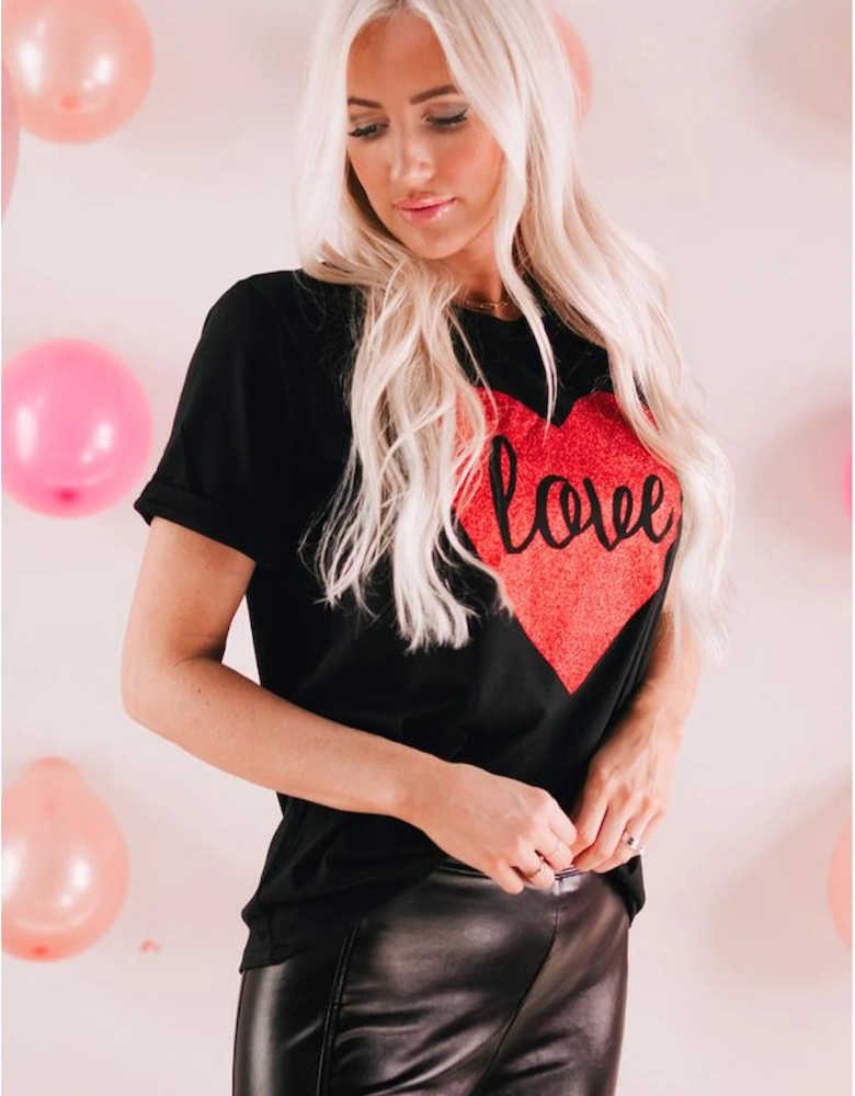 Black Love Heart Shaped Glitter Print T Shirt