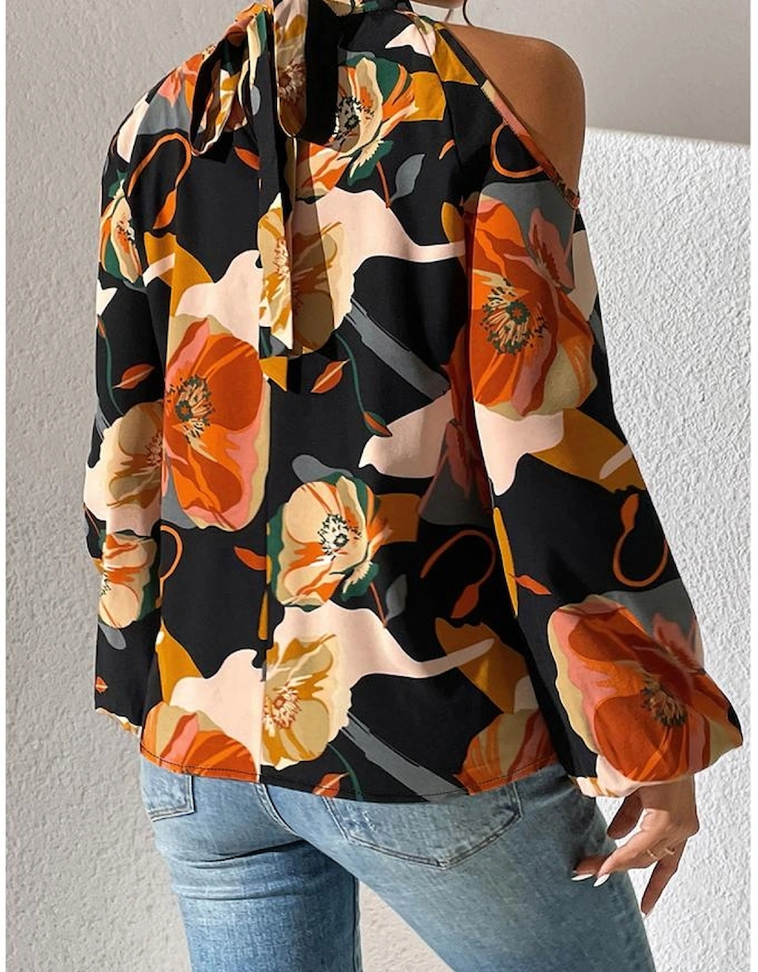 Azura Exchange Black Floral Print Cold Shoulder Lantern Sleeve Blouse