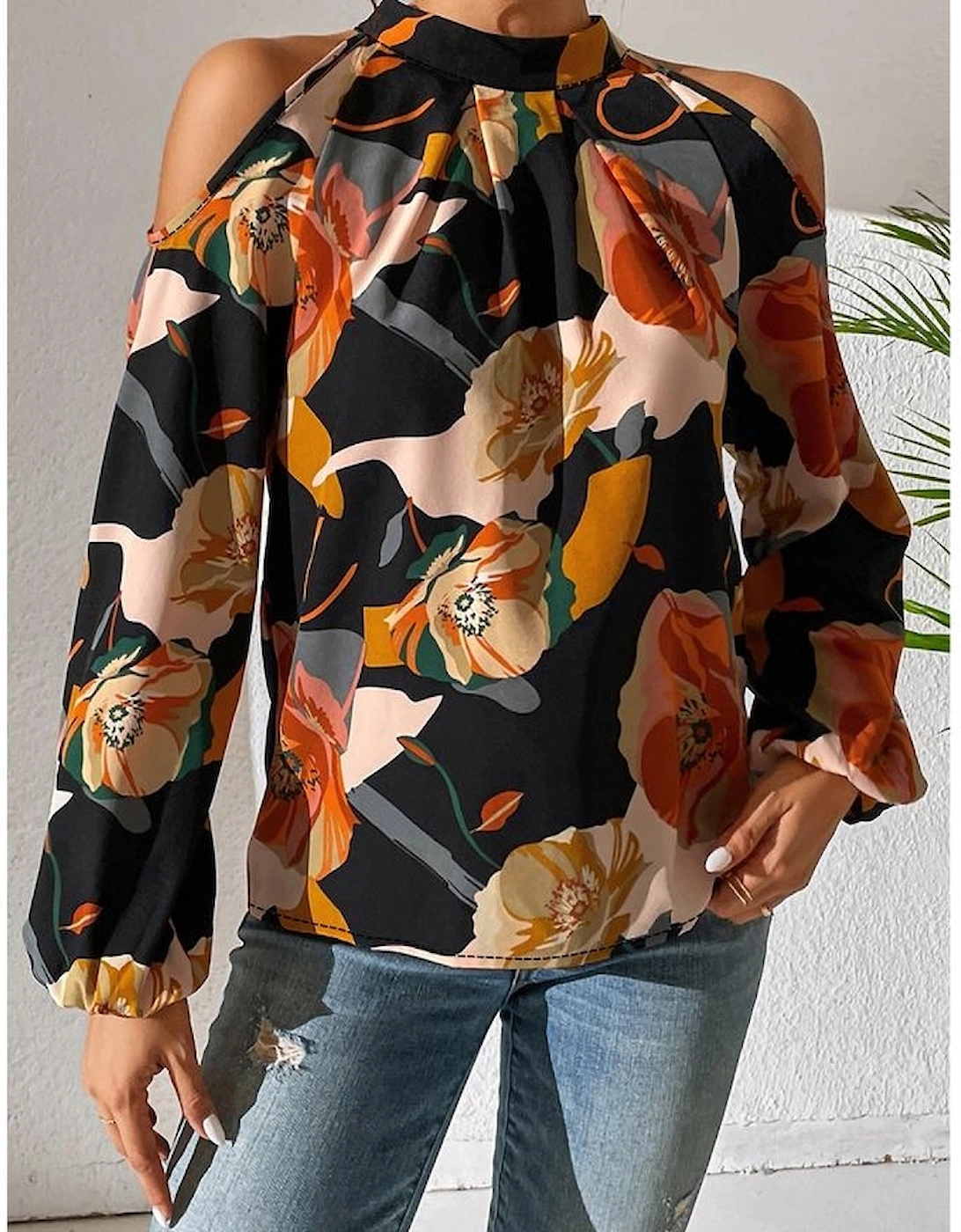 Azura Exchange Black Floral Print Cold Shoulder Lantern Sleeve Blouse, 6 of 5