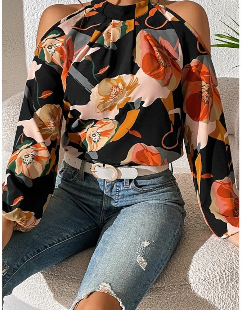 Azura Exchange Black Floral Print Cold Shoulder Lantern Sleeve Blouse