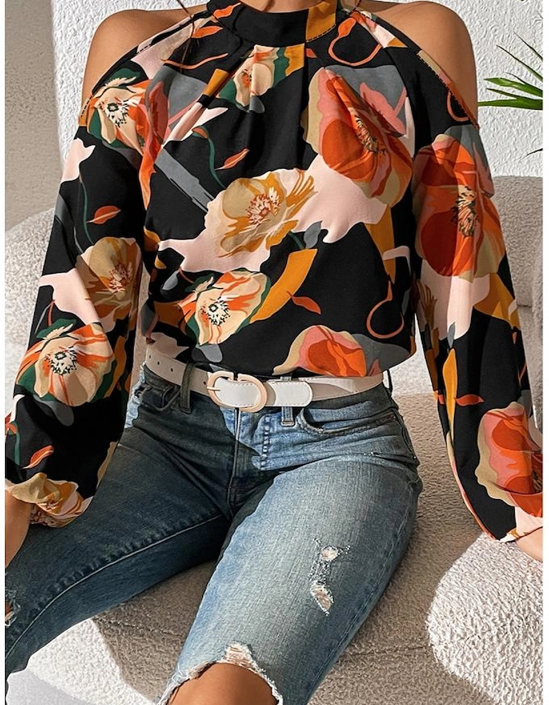 Azura Exchange Black Floral Print Cold Shoulder Lantern Sleeve Blouse