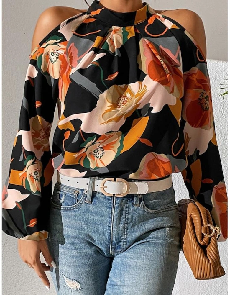 Azura Exchange Black Floral Print Cold Shoulder Lantern Sleeve Blouse