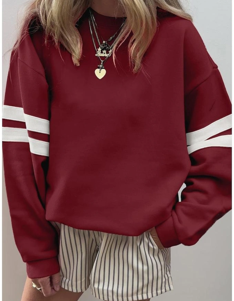 Red Dahlia Varsity Striped Detail Drop Shoulder Oversized Sweatshirt