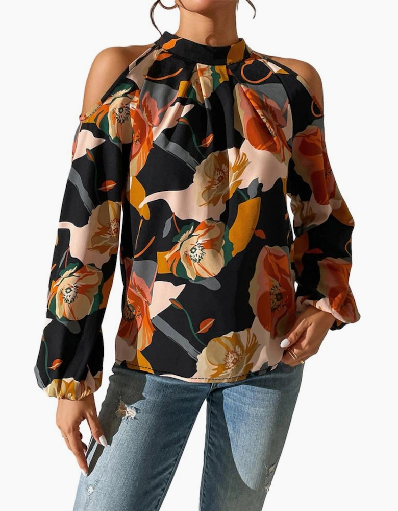 Azura Exchange Black Floral Print Cold Shoulder Lantern Sleeve Blouse