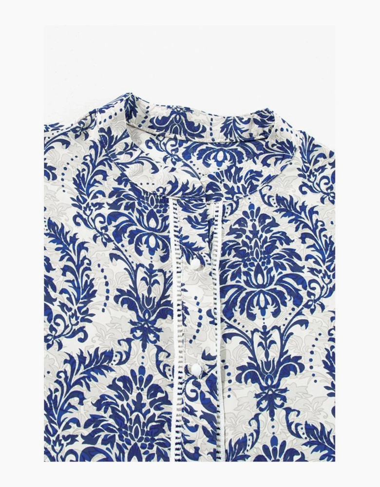 Sky Blue Tribal Pattern Print Notch Neck Buttoned Plus Size Shirt