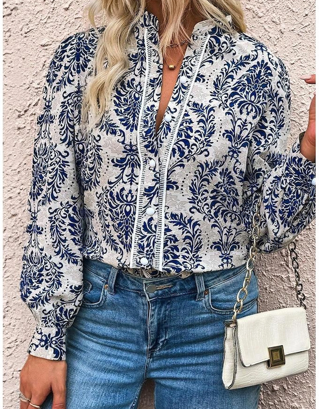 Sky Blue Tribal Pattern Print Notch Neck Buttoned Plus Size Shirt, 9 of 8