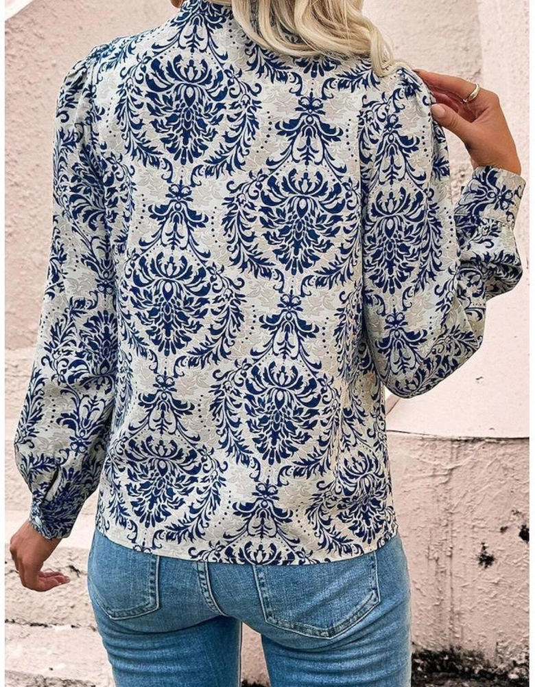 Sky Blue Tribal Pattern Print Notch Neck Buttoned Plus Size Shirt