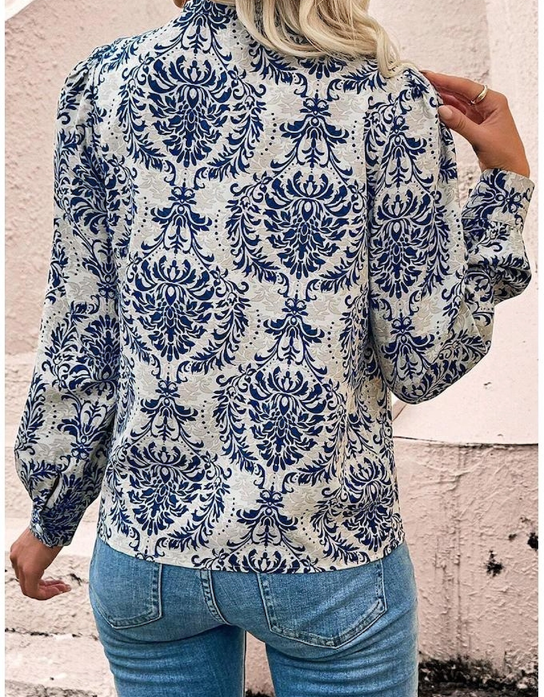 Sky Blue Tribal Pattern Print Notch Neck Buttoned Plus Size Shirt