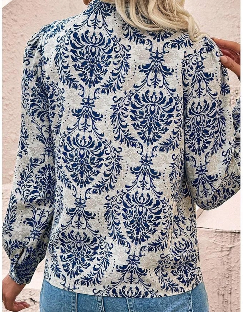 Sky Blue Tribal Pattern Print Notch Neck Buttoned Plus Size Shirt