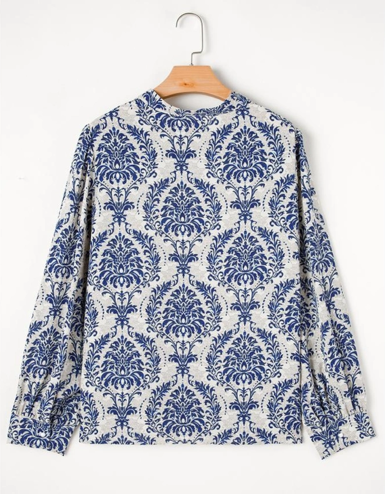 Sky Blue Tribal Pattern Print Notch Neck Buttoned Plus Size Shirt