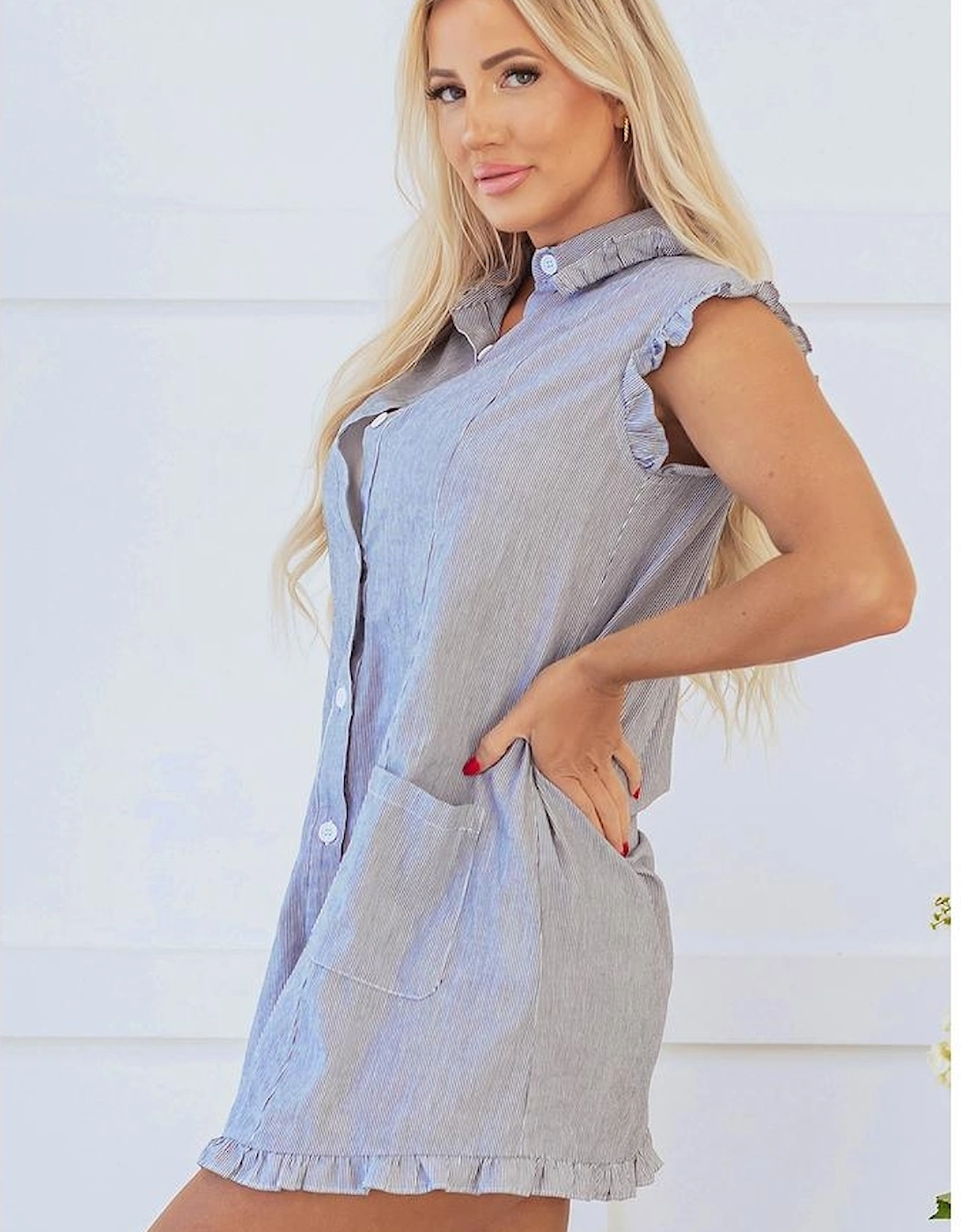 Blue Stripe Frilled Sleeveless Collar Front Pocket Button Up Mini Dress