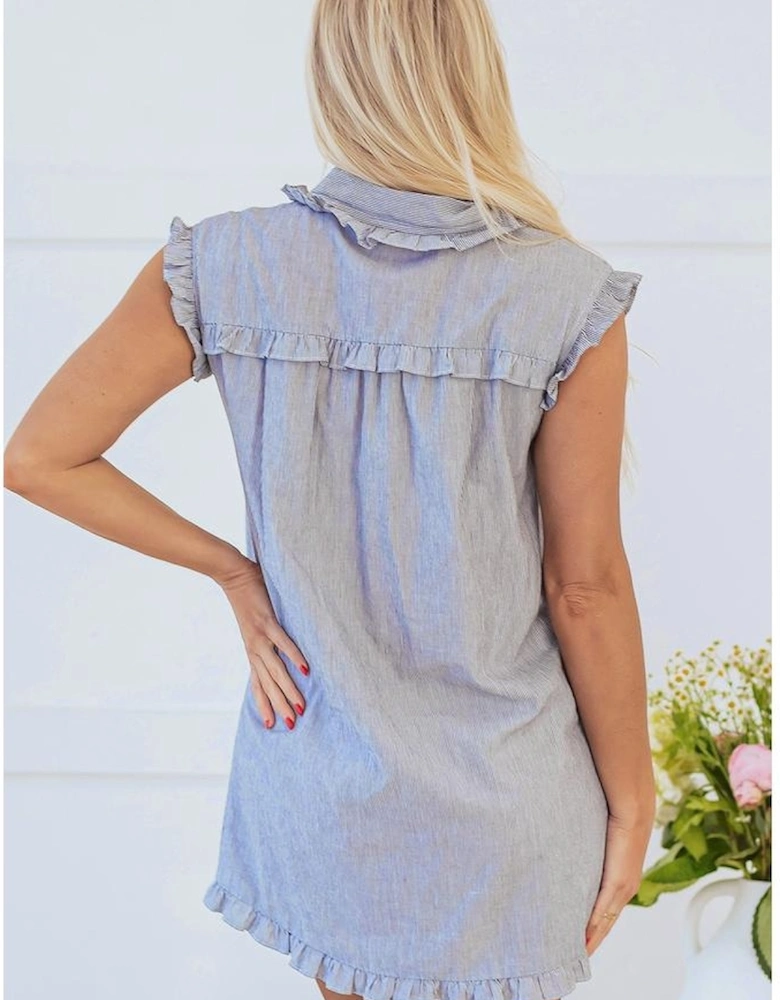 Blue Stripe Frilled Sleeveless Collar Front Pocket Button Up Mini Dress