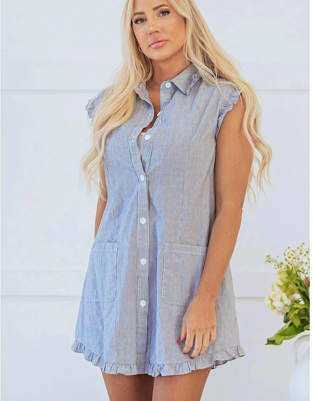 Blue Stripe Frilled Sleeveless Collar Front Pocket Button Up Mini Dress