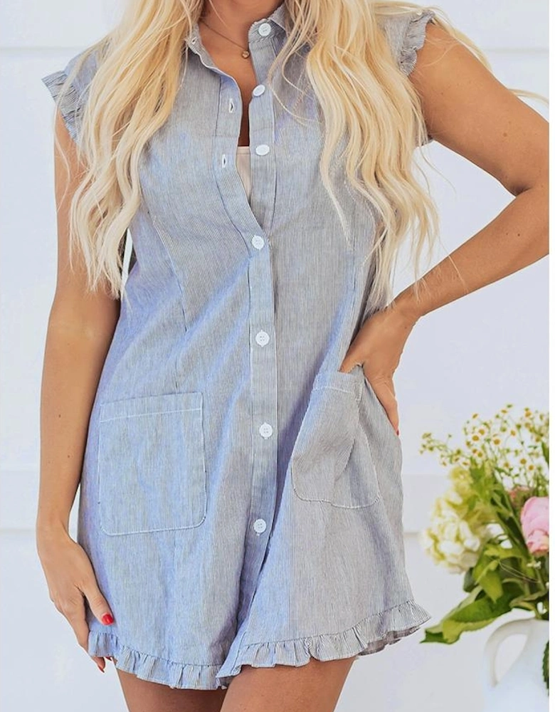 Blue Stripe Frilled Sleeveless Collar Front Pocket Button Up Mini Dress