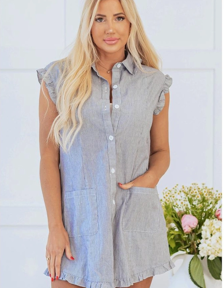 Blue Stripe Frilled Sleeveless Collar Front Pocket Button Up Mini Dress