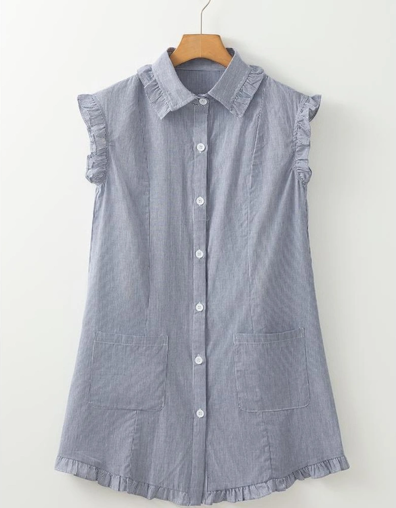 Blue Stripe Frilled Sleeveless Collar Front Pocket Button Up Mini Dress