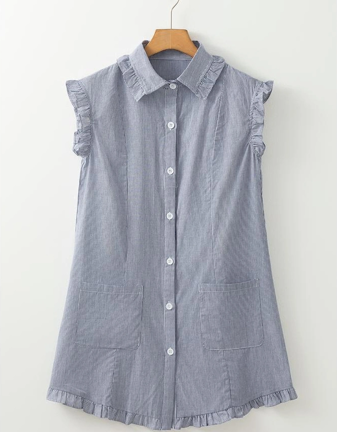 Blue Stripe Frilled Sleeveless Collar Front Pocket Button Up Mini Dress