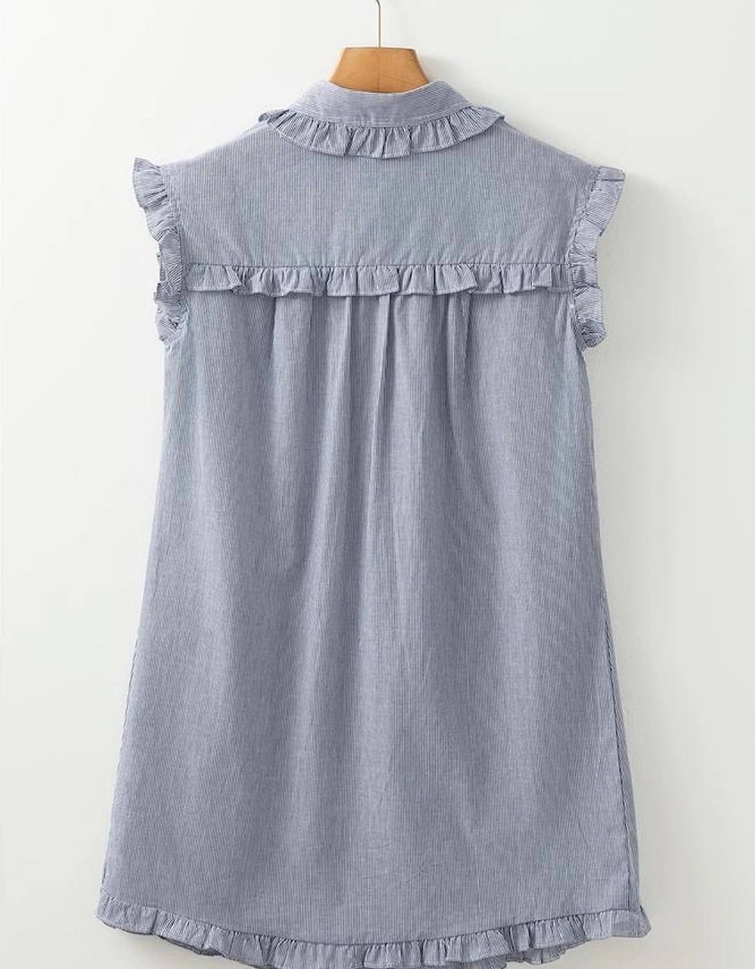 Blue Stripe Frilled Sleeveless Collar Front Pocket Button Up Mini Dress