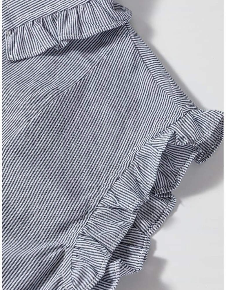 Blue Stripe Frilled Sleeveless Collar Front Pocket Button Up Mini Dress