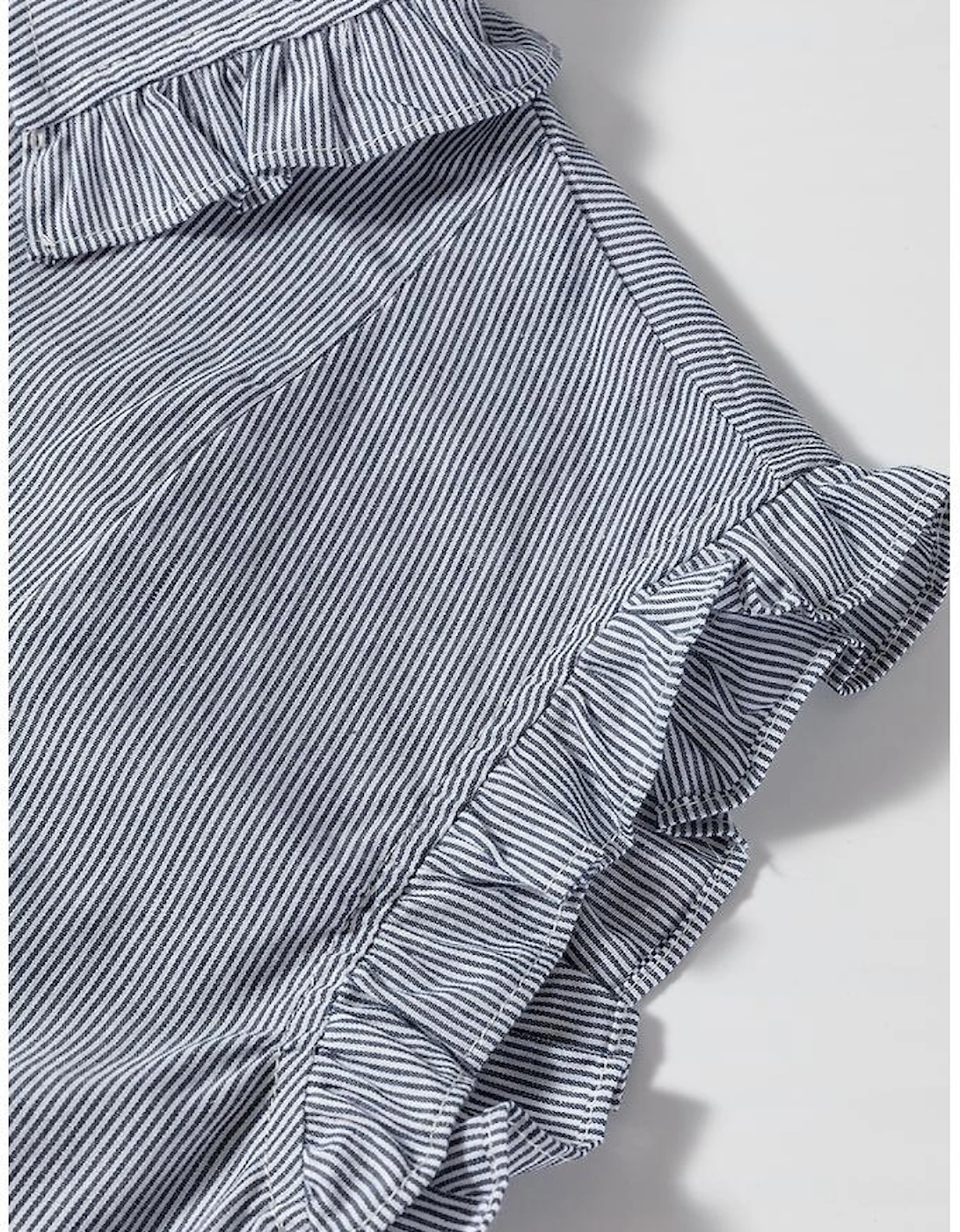 Blue Stripe Frilled Sleeveless Collar Front Pocket Button Up Mini Dress