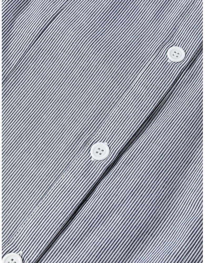 Blue Stripe Frilled Sleeveless Collar Front Pocket Button Up Mini Dress