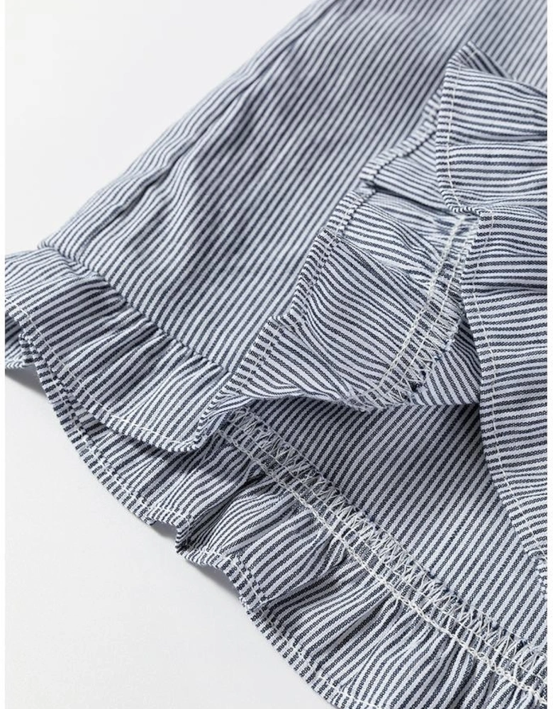 Blue Stripe Frilled Sleeveless Collar Front Pocket Button Up Mini Dress