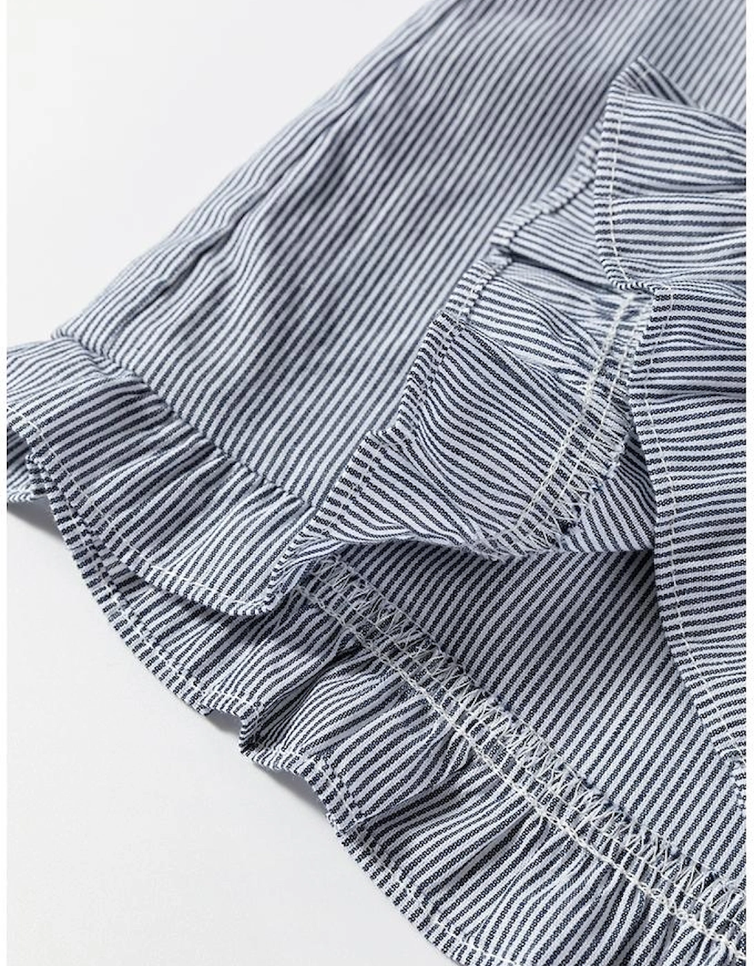 Blue Stripe Frilled Sleeveless Collar Front Pocket Button Up Mini Dress