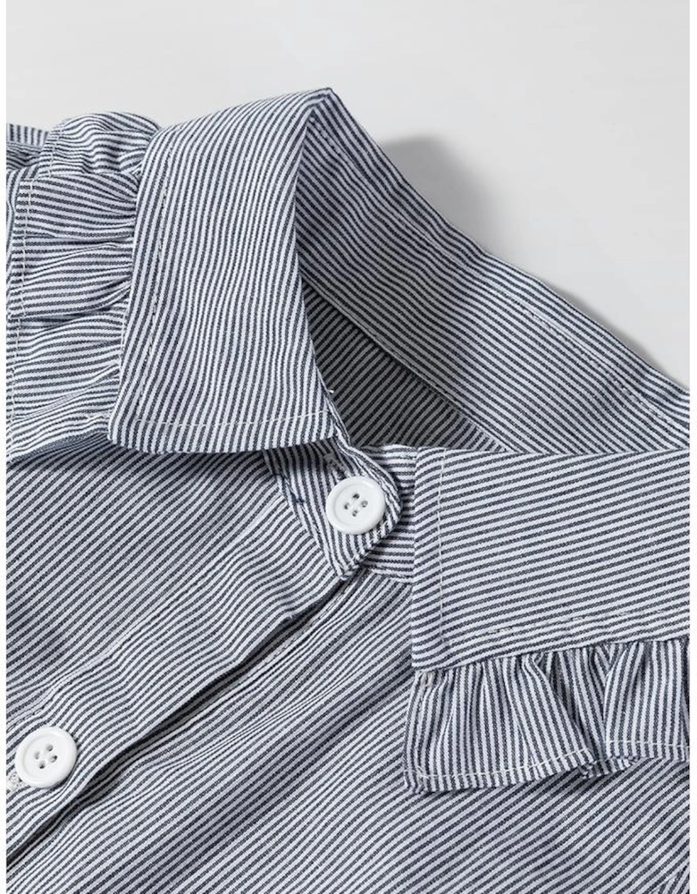 Blue Stripe Frilled Sleeveless Collar Front Pocket Button Up Mini Dress