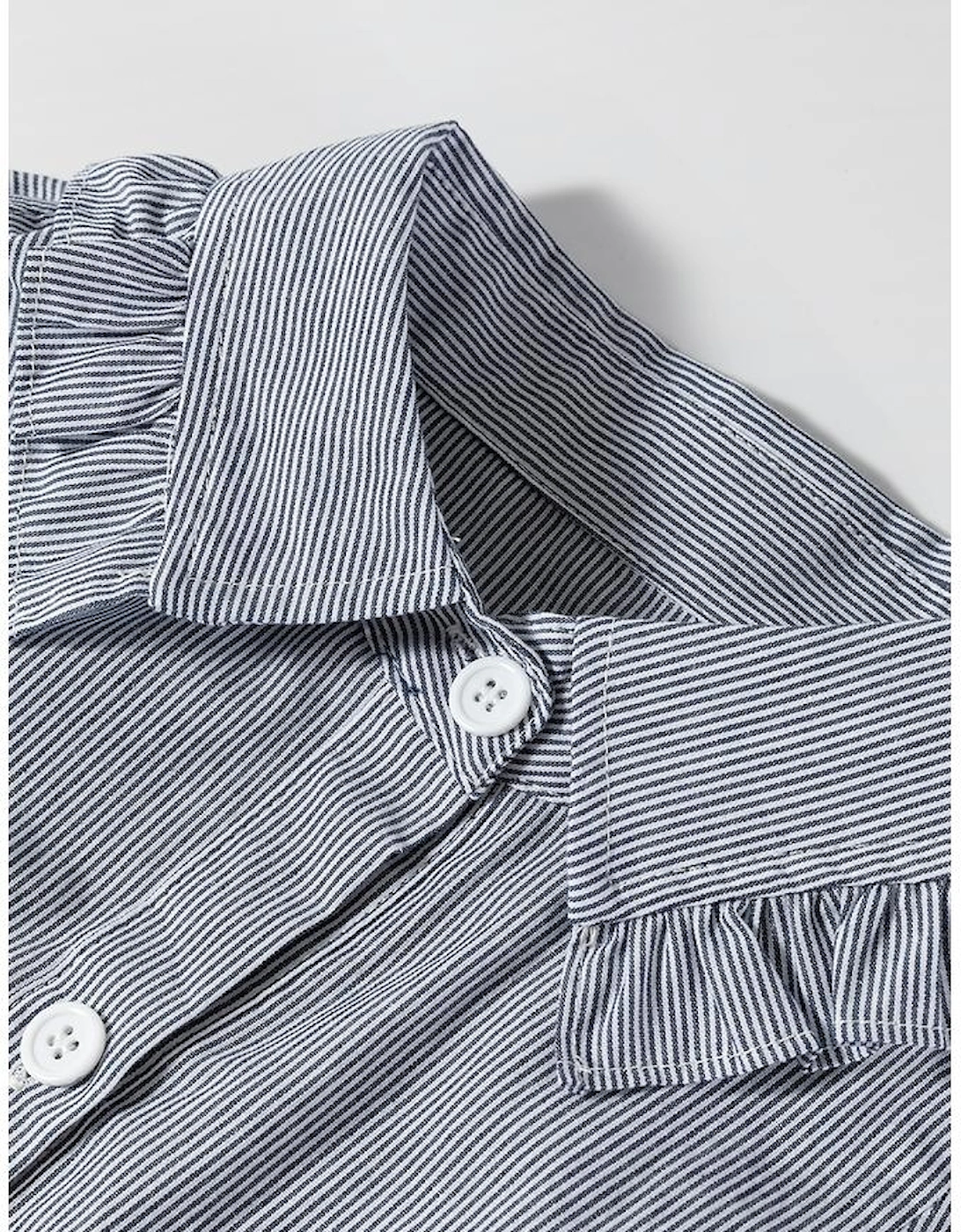 Blue Stripe Frilled Sleeveless Collar Front Pocket Button Up Mini Dress