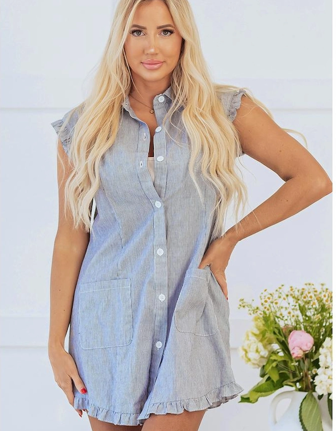 Blue Stripe Frilled Sleeveless Collar Front Pocket Button Up Mini Dress