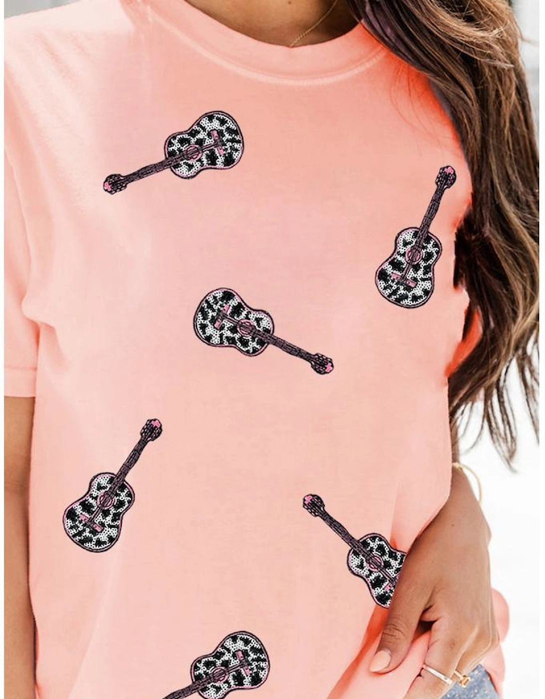 Pink Leopard Guitar Sequin Patch Crew Neck Tee