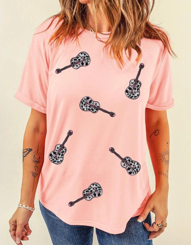 Pink Leopard Guitar Sequin Patch Crew Neck Tee