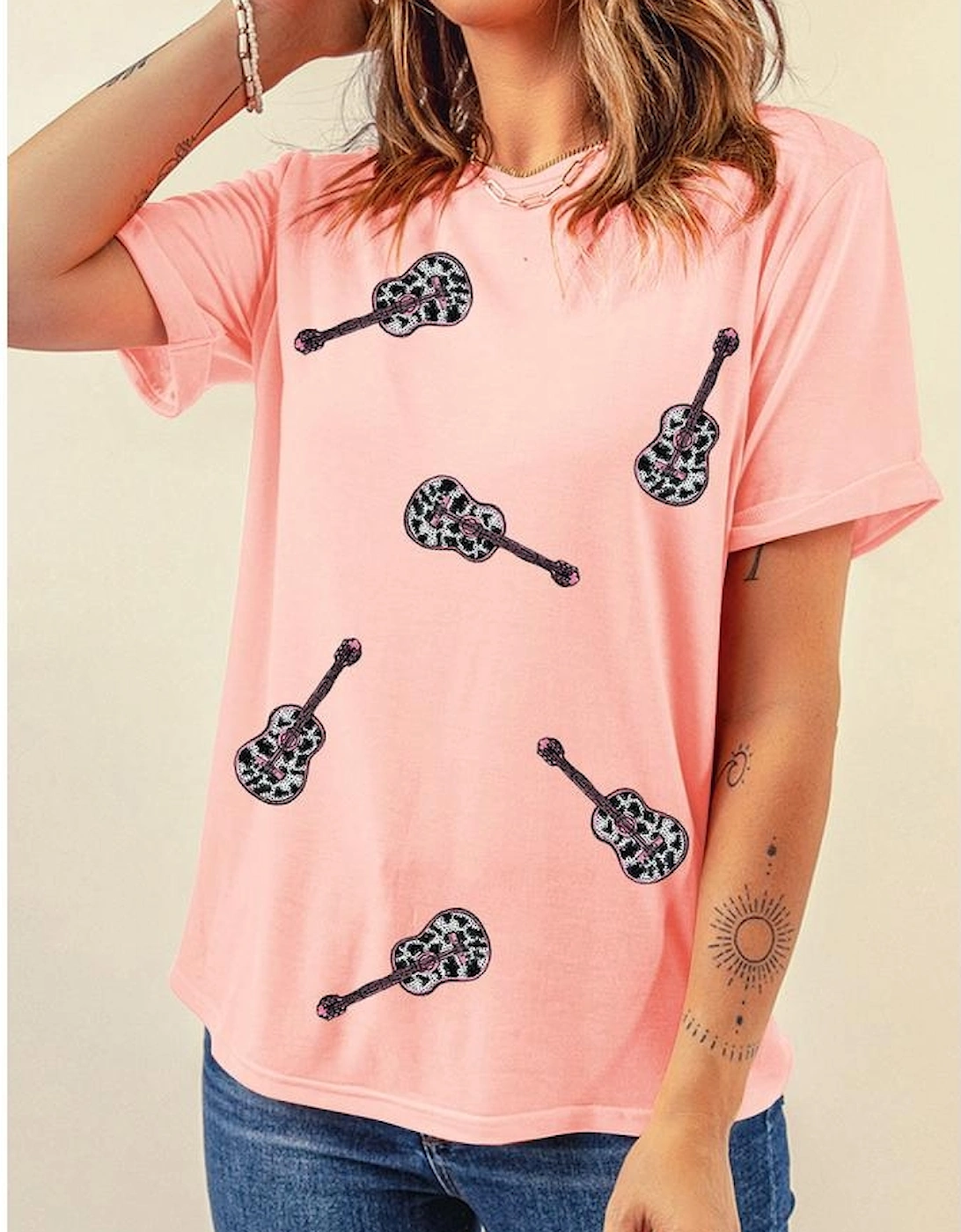 Pink Leopard Guitar Sequin Patch Crew Neck Tee