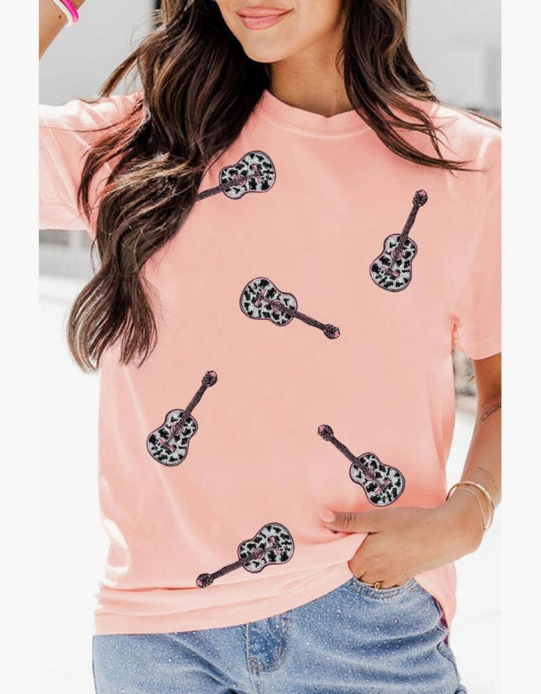 Pink Leopard Guitar Sequin Patch Crew Neck Tee