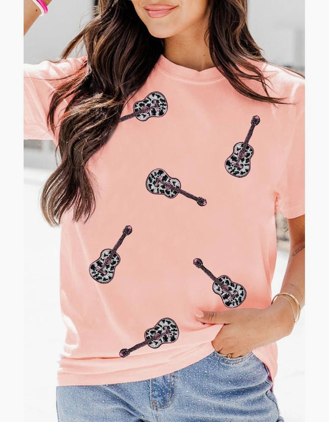 Pink Leopard Guitar Sequin Patch Crew Neck Tee